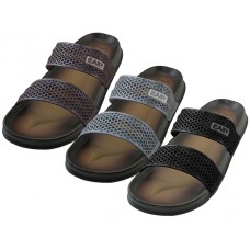 M9945 - Wholesale Men's " Easy USA " Comfortable Double Stripe Rubber Soft Slides (*Asst. Black Brown & Gray)